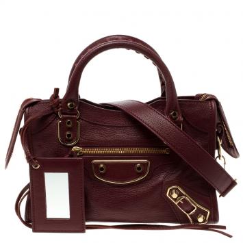 Pre Owned Balenciaga Marron Leather Mini Gold Hardware City Bag