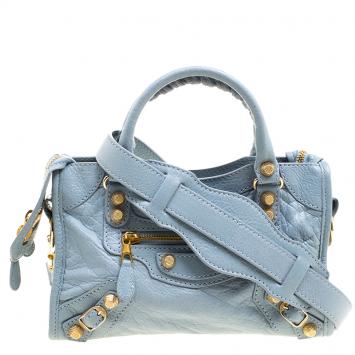 Pre Owned Balenciaga Blue Dragee Leather Mini Gold Hardware City Bag