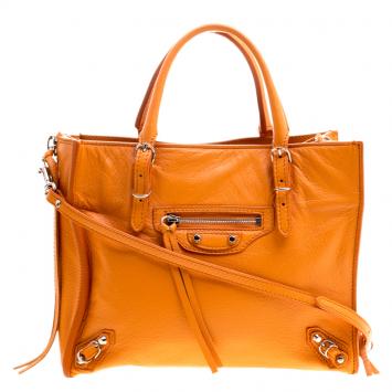 Pre Owned Balenciaga Orange Leather Mini Papier A4 Magnet Tote