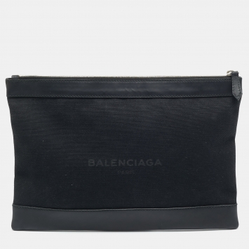 مملوكة مسبقًا حقيبة كلتش بالنسياغا بحري بيج/أسود قماش وجلد نوبيوك