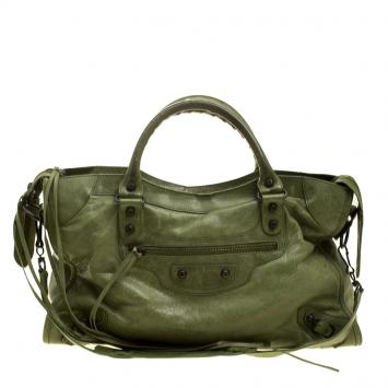 Pre Owned Balenciaga Light Olive Leather Classic City RH Tote
