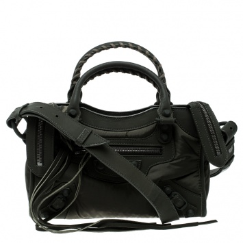 Pre Owned Balenciaga Khaki Nylon and Leather Mini Covered Hardware City Bag