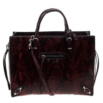 Pre Owned Balenciaga Dark Red Python Mini Papier A6 Zip Around Tote