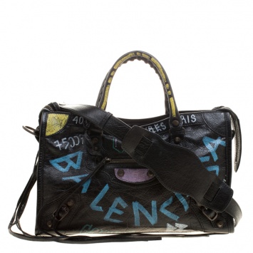 Pre Owned Balenciaga Black Graffiti Leather Small RH City Tote 
