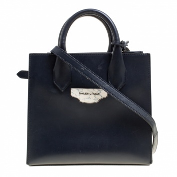 Pre Owned Balenciaga Navy Blue Leather Mini All Afternoon Tote