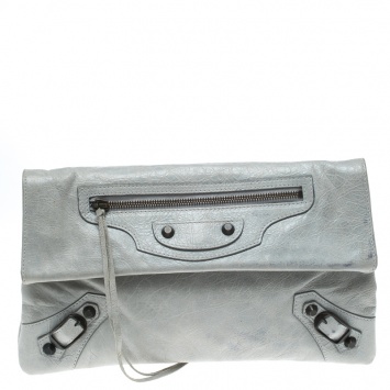Pre Owned Balenciaga Grey Leather RH Foldover Clutch