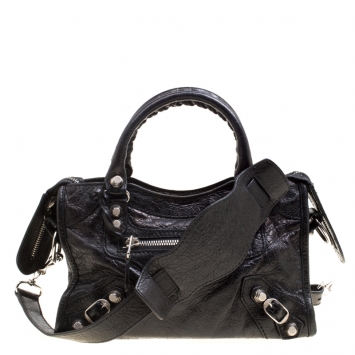 Pre Owned Balenciaga Black Leather Silver Hardware Mini City Bag 