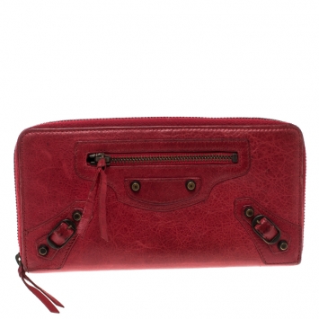 Pre Owned Balenciaga Red Leather Continental Zip Around Wallet