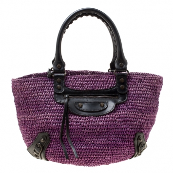 Pre Owned Balenciaga Purple Raffia Woven Panier Basket Bag