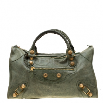 Pre Owned Balenciaga Light Olive Leather Giant 21 Gold Work Tote