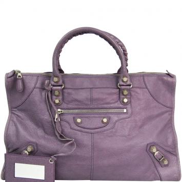 Pre Owned Balenciaga Purple Leather Giant 12 Silver Work Bag