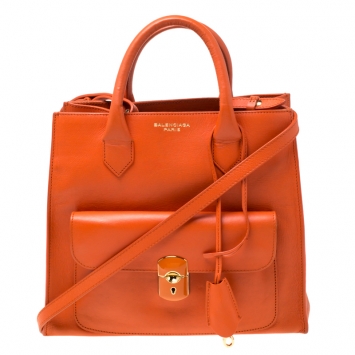 Pre Owned Balenciaga Tangerine Leather Padlock All Afternoon Tote