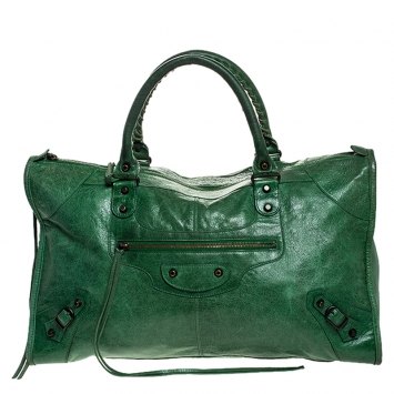 Pre Owned Balenciaga Green Leather Weekender Tote
