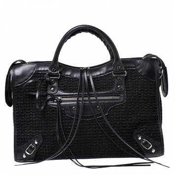 Pre Owned Balenciaga Black Leather and Mesh Silver Hardware City Bag