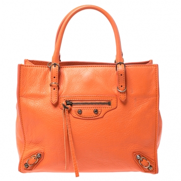 Pre Owned Balenciaga Orange Leather Mini Papier A4 Tote