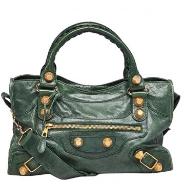 Pre Owned Balenciaga Emerald Lambskin Leather Giant 21 Gold Motorcycle City Bag