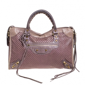 Pre Owned Balenciaga Lilac Cross Perforated Leather RH City Bag