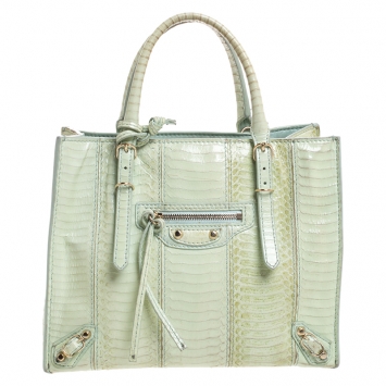Pre Owned Balenciaga Lime Green Python Mini Papier A4 Tote