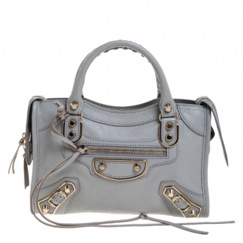 Pre Owned Balenciaga Light Grey Leather Mini Metallic Edge City Bag