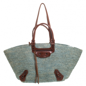Pre Owned Balenciaga Light Blue Woven Raffia Large Tote 