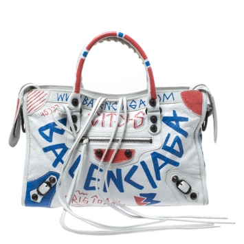 Pre Owned Balenciaga White Graffiti Leather Small City Tote 