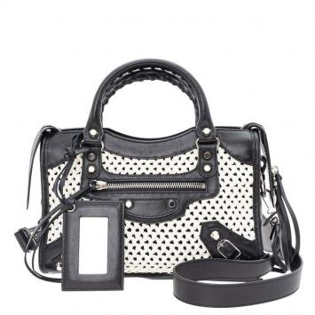 مملوكة مسبقًا Balenciaga Black/White Leather Motocross Classic Mini City Bag