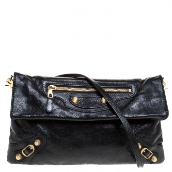 Pre Owned Balenciaga Black Leather Giant GH Envelope Strap Clutch