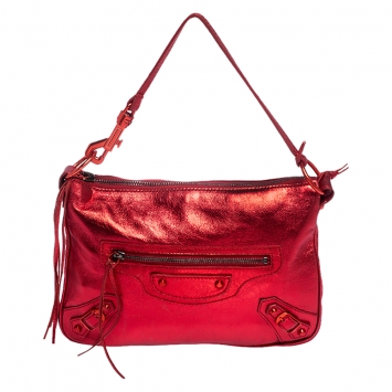 Pre Owned Balenciaga Metallic Red Leather Mini City Clutch 