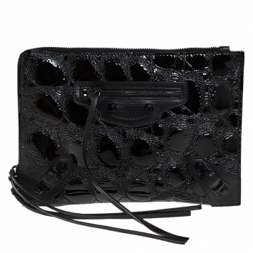 Pre Owned Balenciaga Black Croc Embossed Patent Leather Metallic Edge Zip Around Clutch