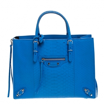 Pre Owned Balenciaga Blue Python Papier A6 Side Zip Tote
