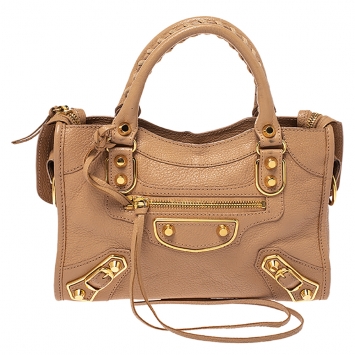 Pre Owned Balenciaga Beige Nougatine Leather Mini Metallic Edge City Bag