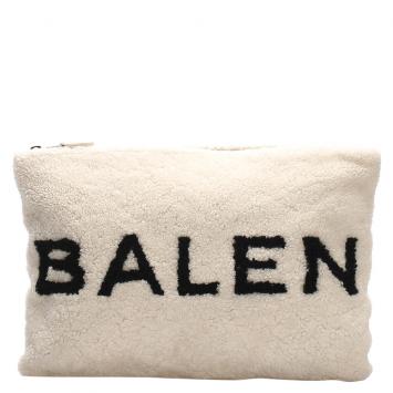 Pre Owned Balenciaga White Shearling Logo Clutch Bag