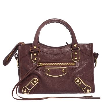 Pre Owned Balenciaga Grenat Leather Mini Metallic Edge City Bag