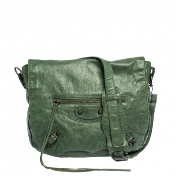 Pre Owned Balenciaga Vert Poker Lambskin Leather Folk Messenger Bag