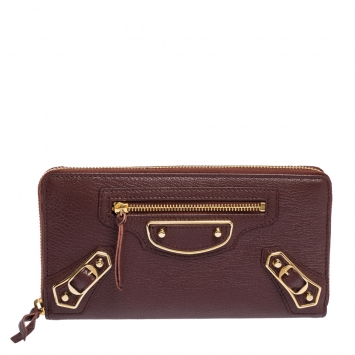 Pre Owned Balenciaga Grenat Leather Classic Metallic Edge Zip Around Wallet