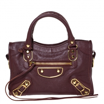 Pre Owned Balenciaga Grenat Leather Mini Metallic Edge City Bag
