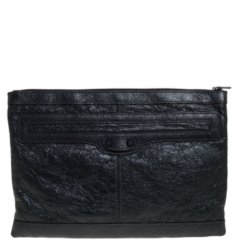 Pre Owned Balenciaga Dark Grey Crinkled Leather Motocross Classic Clutch