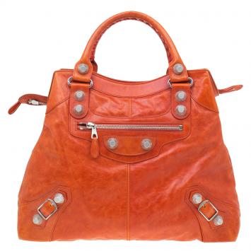 Pre Owned Balenciaga Orange Lambskin Leather GSH Brief Tote