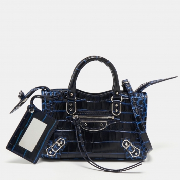 Pre Owned Balenciaga Blue Croc Embossed Leather Nano Metallic Edge City Tote