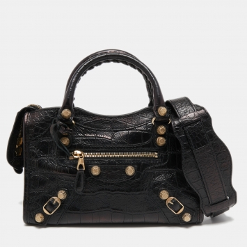 Pre Owned Balenciaga Black Croc Embossed Leather Mini City Tote