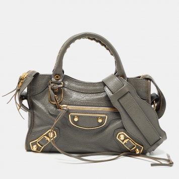 Pre Owned Balenciaga Grey Leather Mini Classic Metallic Edge City Bag