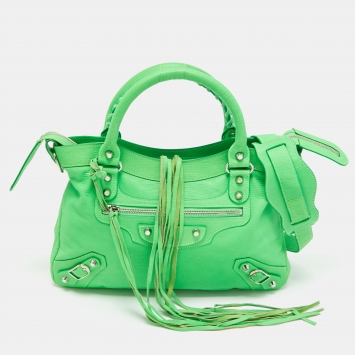 Pre Owned Balenciaga Neon Green Lizard Embossed Leather SH Town Bag