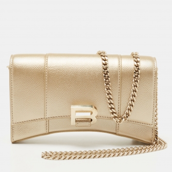 Pre Owned Balenciaga Gold Leather Hourglass Wallet on Chain