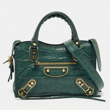 Pre Owned Balenciaga Green Croc Embossed Leather Mini Metallic Edge City Bag