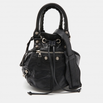 Pre Owned Balenciaga Black Leather Giant 12 Silver Mini Pompon Bag