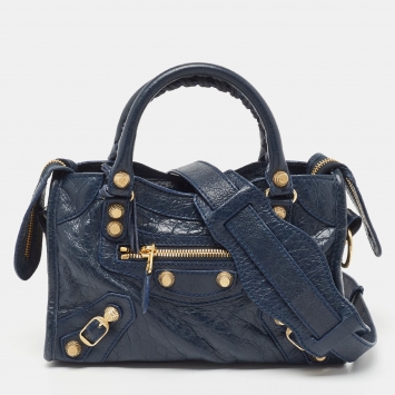 Pre Owned Balenciaga Navy Blue Leather Mini Classic City Tote