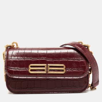 Pre Owned Balenciaga Burgundy Croc Embossed Leather Gossip Wallet On Chain