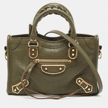 Pre Owned Balenciaga Green Leather Nano Metallic Edge City Tote