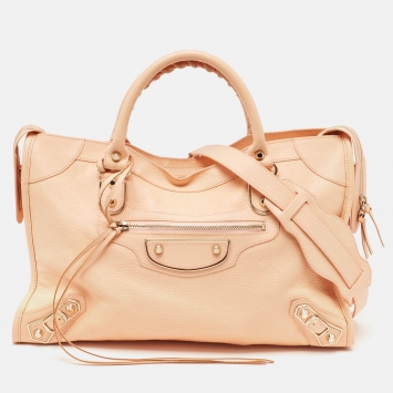 Pre Owned Balenciaga Peach Leather Metallic Edge Classic City Tote
