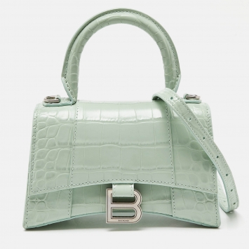 Pre Owned Balenciaga Green Croc Embossed Leather XS Hourglass Top Handle Bag